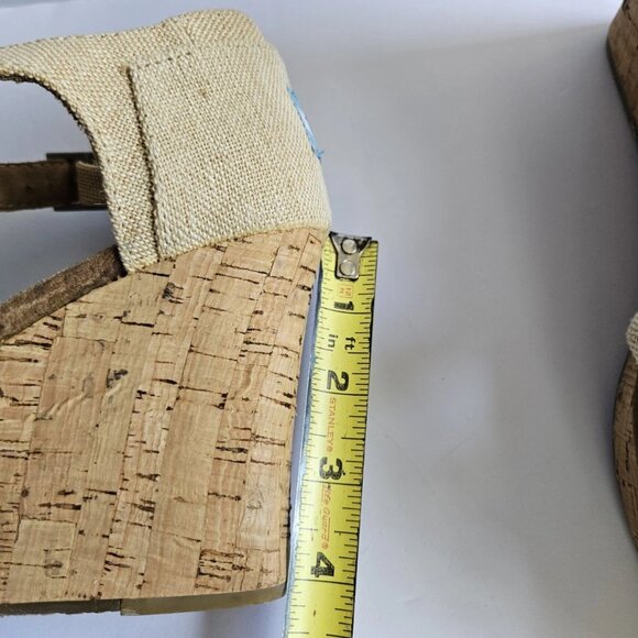 TOMS Women’s Natural Canvas Cork Wedge Heels Size 9.5M Criss Cross Peep Toe Espa - Picture 9 of 9